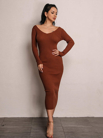 Joyfunear Double V Neckline Rib Knit Dress