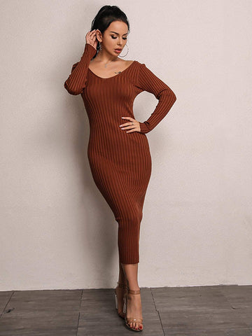 Joyfunear Double V Neckline Rib Knit Dress