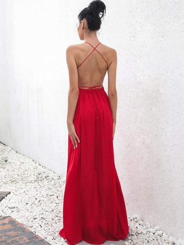 Joyfunear Open Back Plunge Split Prom Dress