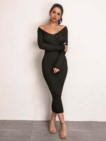 Joyfunear Double V Neckline Rib Knit Dress