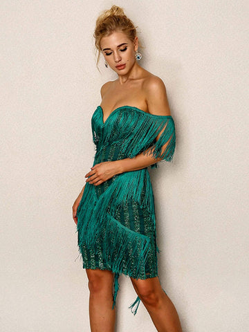 Joyfunear Layered Fringe Embellished Off Shoulder Dress