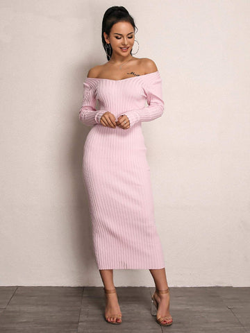 Joyfunear Double V Neckline Rib Knit Dress