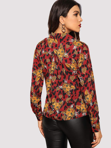 Cat Print Leopard Trim Button Front Blouse
