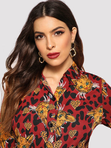 Cat Print Leopard Trim Button Front Blouse