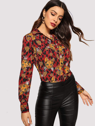 Cat Print Leopard Trim Button Front Blouse