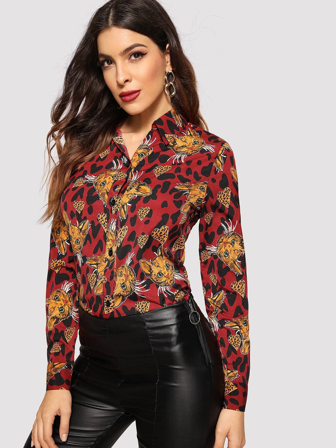 Cat Print Leopard Trim Button Front Blouse