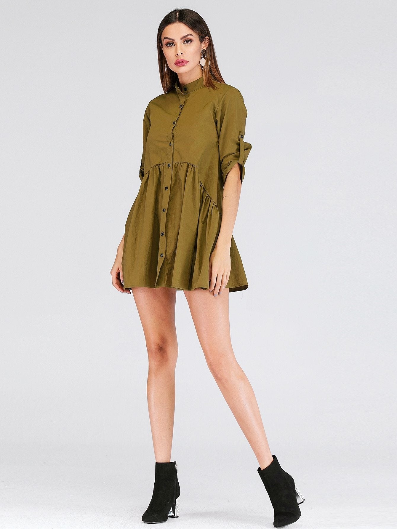 Single Breasted Ruffle Hem Shirt Dress