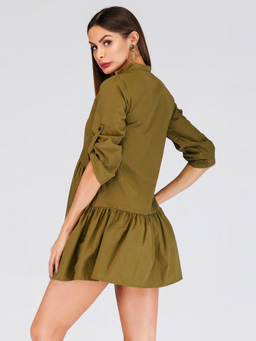 Single Breasted Ruffle Hem Shirt Dress