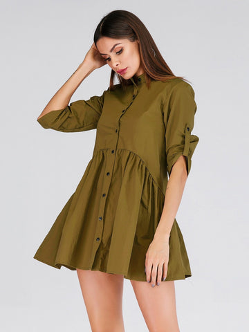 Single Breasted Ruffle Hem Shirt Dress