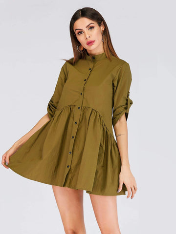 Single Breasted Ruffle Hem Shirt Dress