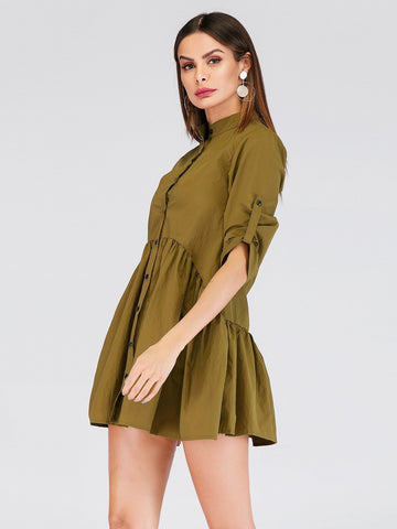 Single Breasted Ruffle Hem Shirt Dress