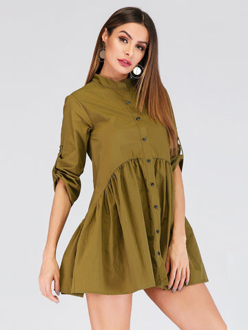 Single Breasted Ruffle Hem Shirt Dress