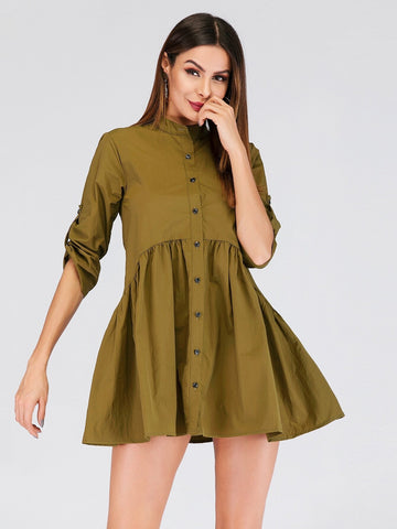 Single Breasted Ruffle Hem Shirt Dress