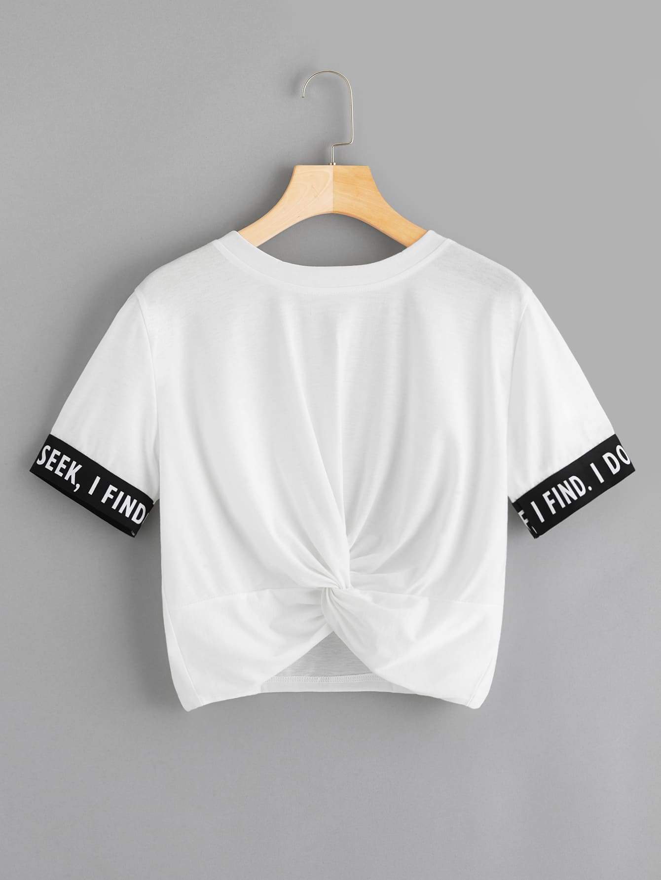 Neon Green Letter Tape Panel Twist Front Crop Tee