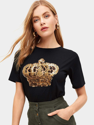 Contrast Sequin And Leopard Tee