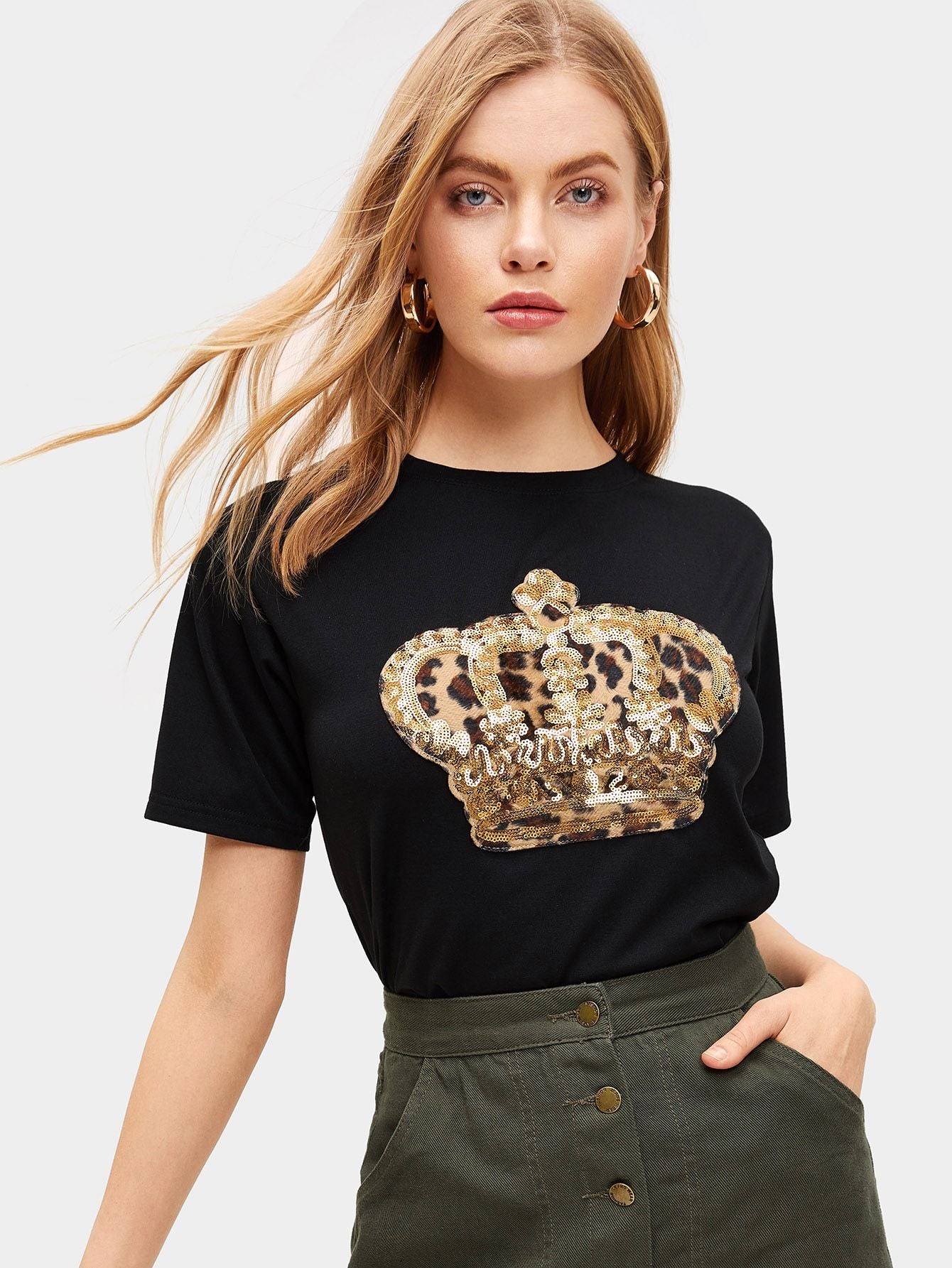 Contrast Sequin And Leopard Tee