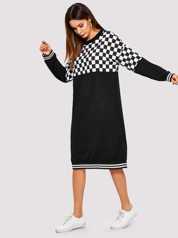 Contrast Checkerboard Drop Shoulder Sweatshirt Dress