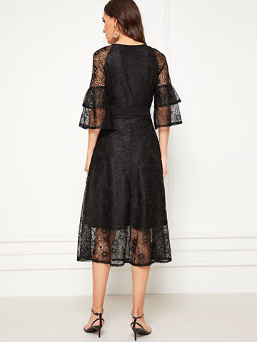 Lace Layered Sleeve Pussy Bow Dress