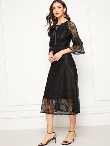 Lace Layered Sleeve Pussy Bow Dress