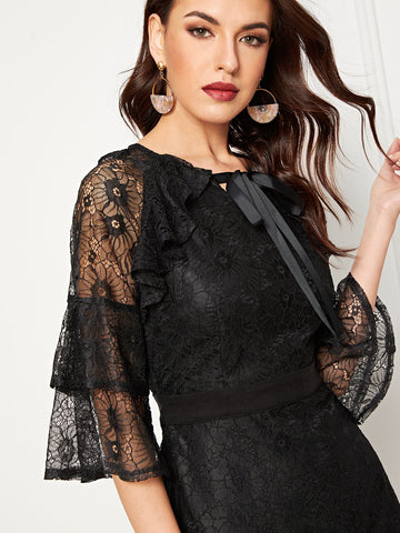 Lace Layered Sleeve Pussy Bow Dress
