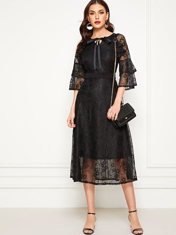 Lace Layered Sleeve Pussy Bow Dress