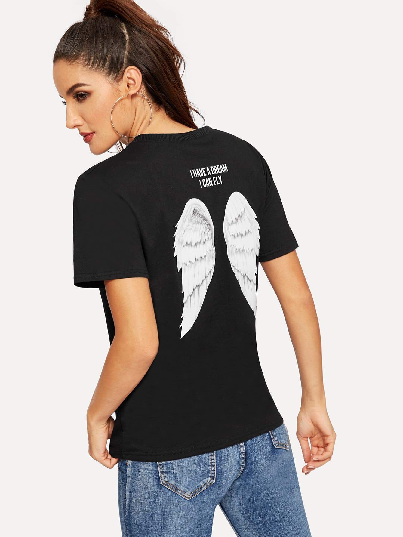 Slogan & Wings Print Tee