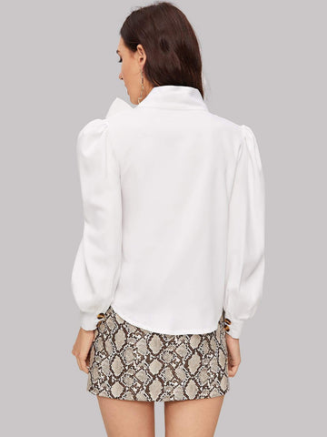 Tie Neck Puff Sleeve Buttoned Blouse
