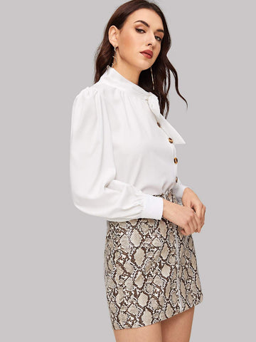 Tie Neck Puff Sleeve Buttoned Blouse