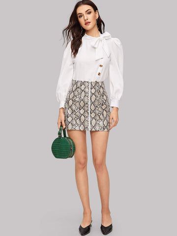 Tie Neck Puff Sleeve Buttoned Blouse