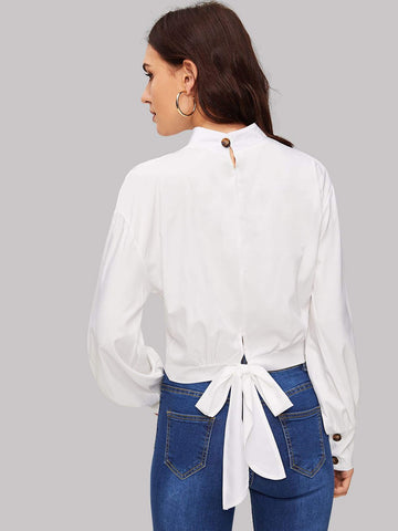Mock Neck Button Through Knot Back Top