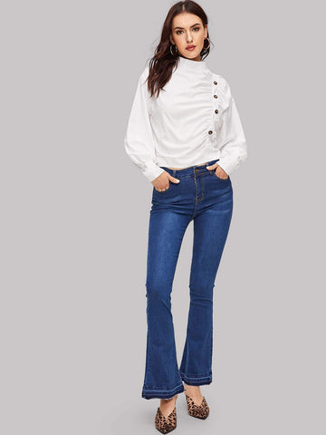 Mock Neck Button Through Knot Back Top