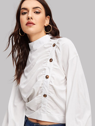 Mock Neck Button Through Knot Back Top