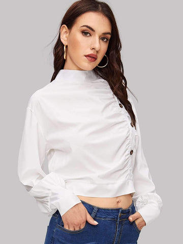Mock Neck Button Through Knot Back Top