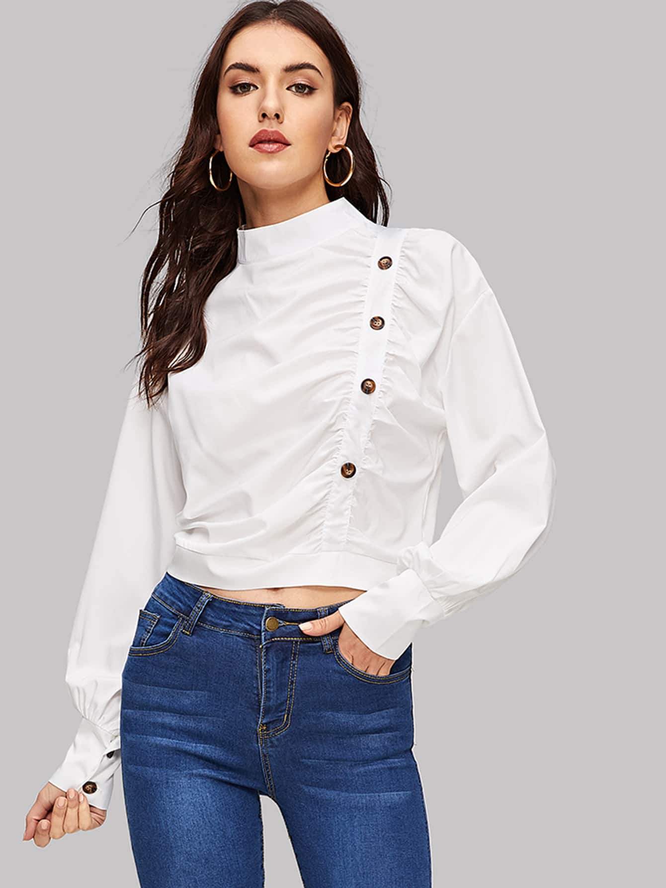 Mock Neck Button Through Knot Back Top