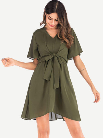 Knot Front V-neck Solid Dress
