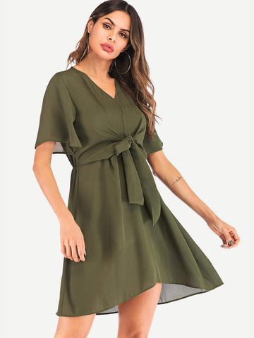 Knot Front V-neck Solid Dress