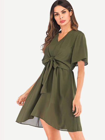Knot Front V-neck Solid Dress