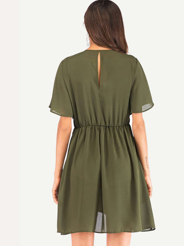 Knot Front V-neck Solid Dress
