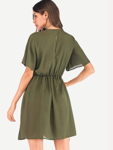 Knot Front V-neck Solid Dress