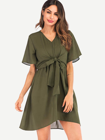 Knot Front V-neck Solid Dress