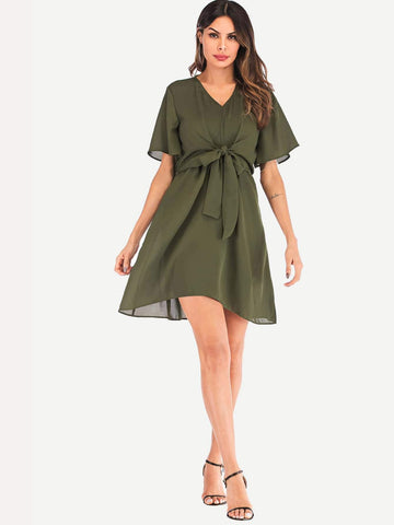Knot Front V-neck Solid Dress