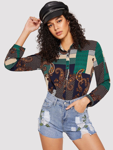 Colour Block Curved Hem Blouse