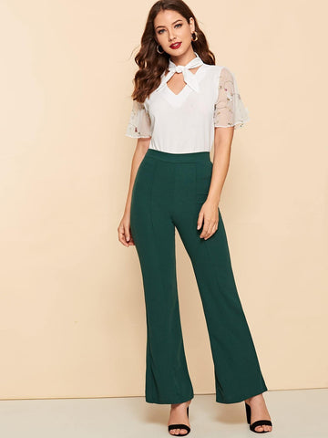 Tie Neck Embroidered Mesh Sleeve Top