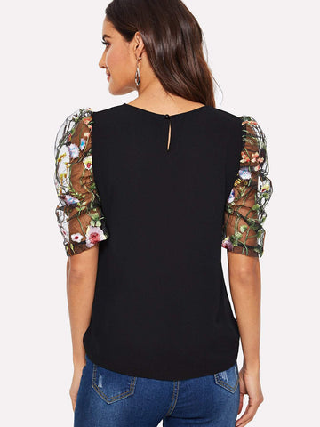 Floral Embroidered Mesh Sleeve Blouse