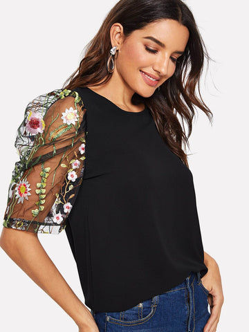 Floral Embroidered Mesh Sleeve Blouse