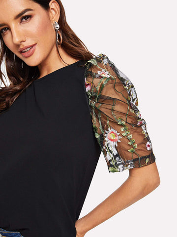 Floral Embroidered Mesh Sleeve Blouse