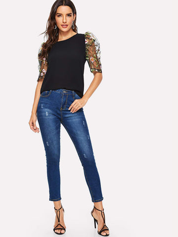 Floral Embroidered Mesh Sleeve Blouse