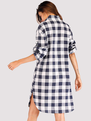 Roll-Up Sleeve Curved Hem Gingham Shirt Dress