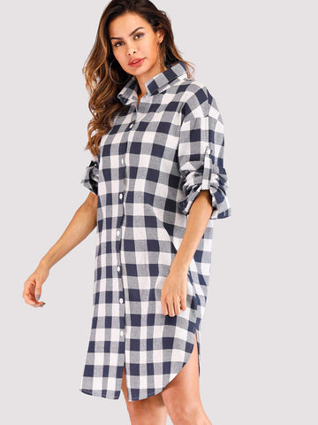 Roll-Up Sleeve Curved Hem Gingham Shirt Dress