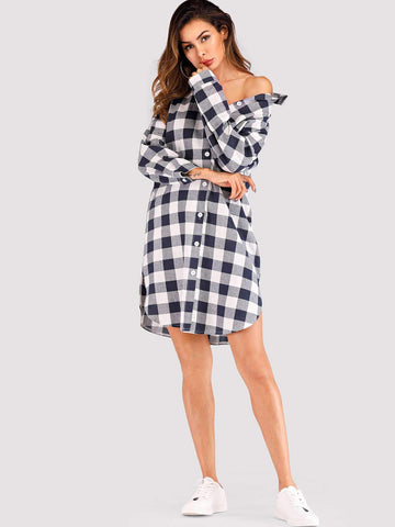 Roll-Up Sleeve Curved Hem Gingham Shirt Dress